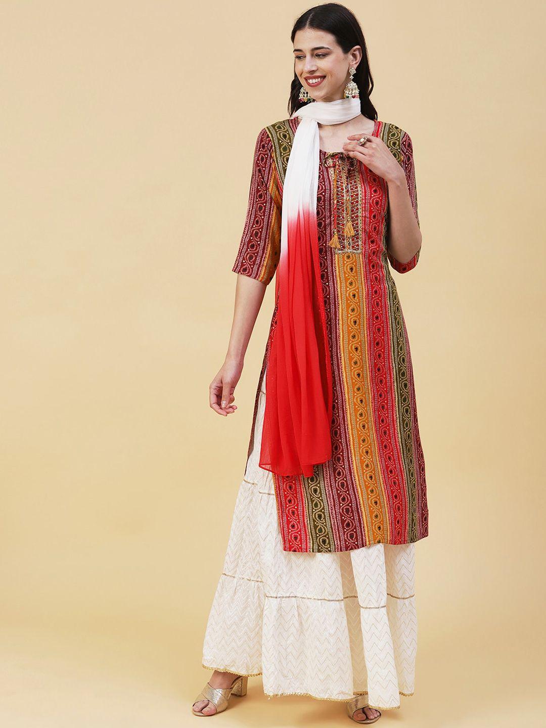 fashor bandhani printed sequinned kurta with skirt & dupatta