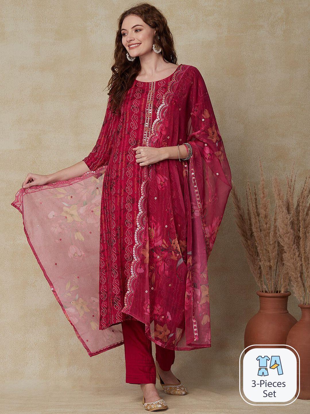 fashor bandhani printed sequinned straight kurta with trousers & dupatta