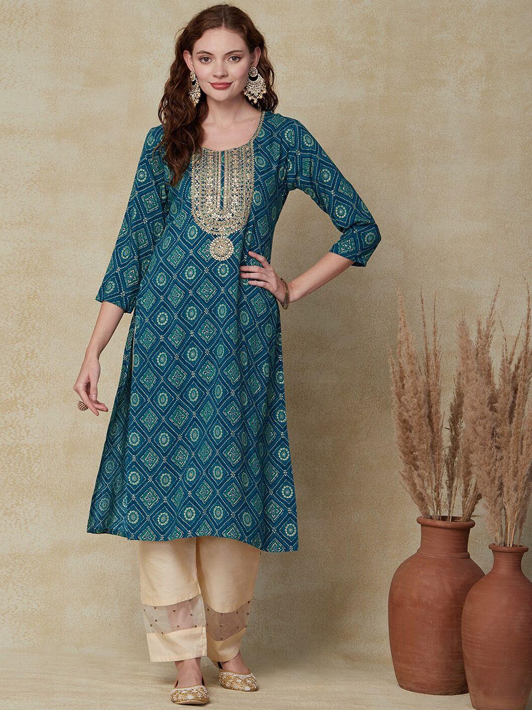 fashor bandhani printed sequins detail straight kurta