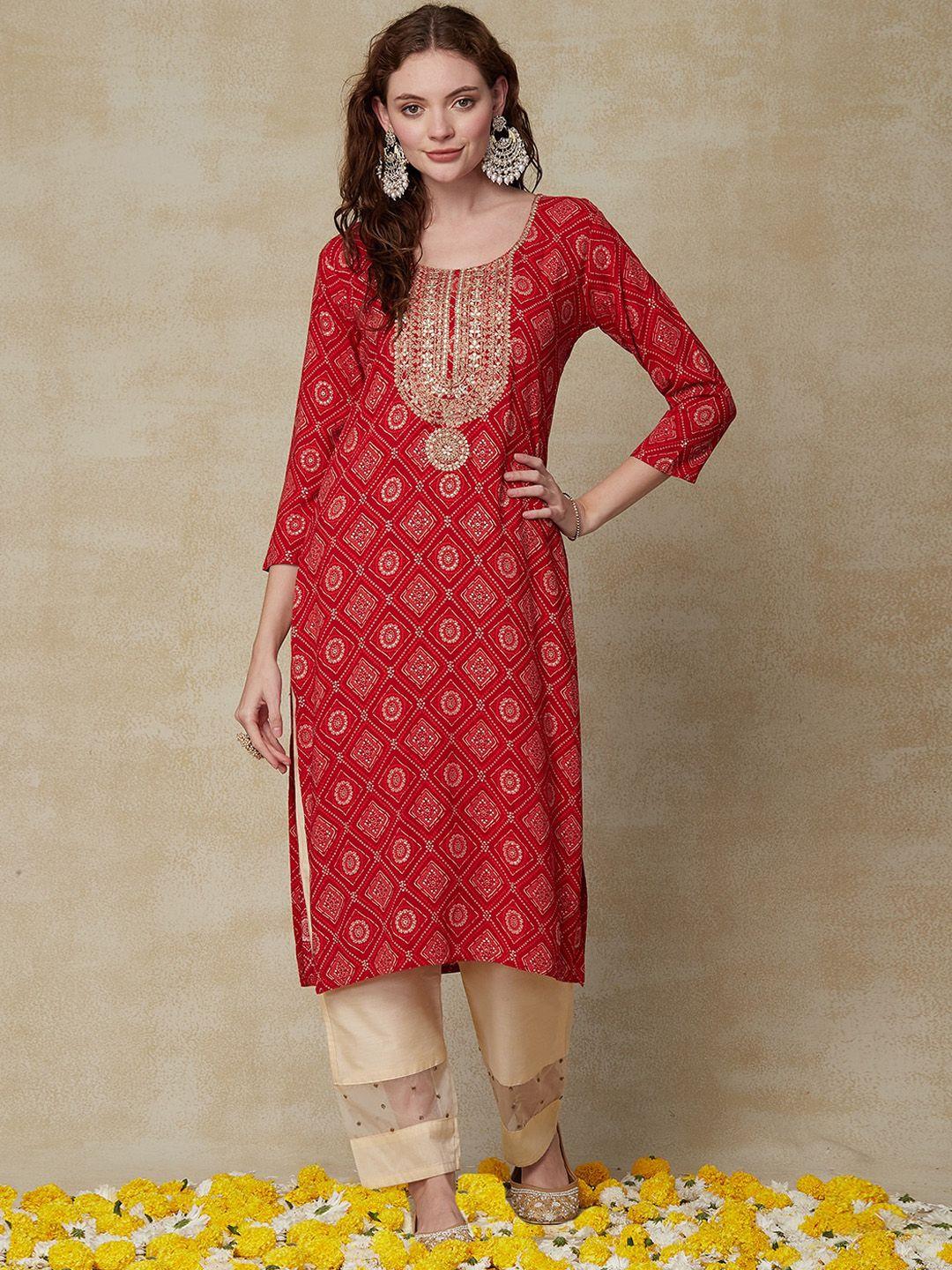 fashor bandhani printed sequins detail straight kurta