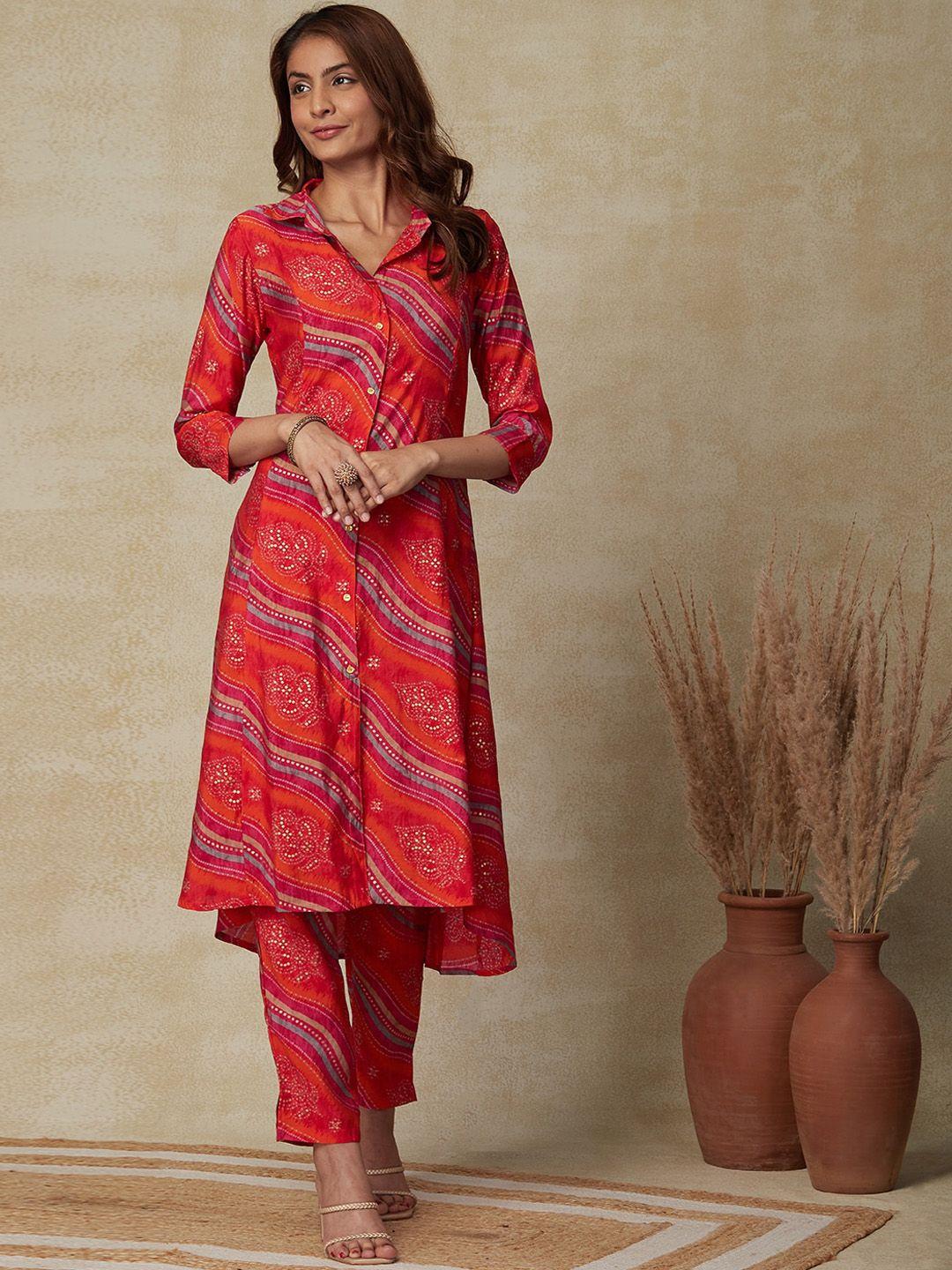 fashor bandhani printed shirt collar a-line kurta with trousers