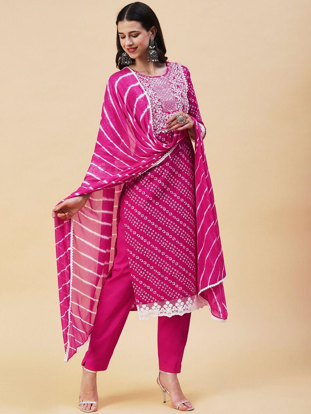 fashor bandhani printed thread work pure cotton kurta with trousers & dupatta