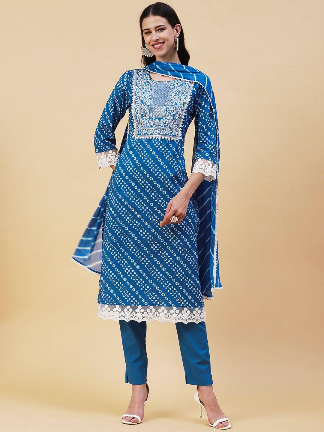 fashor bandhani printed thread work pure cotton kurta with trousers & dupatta