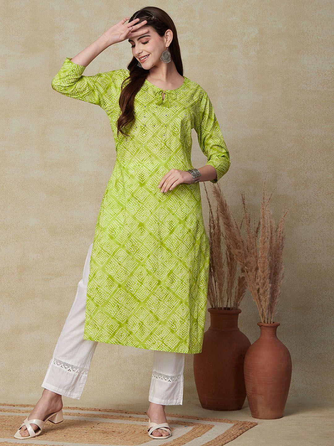 fashor bandhani printed tie-up neck mirror work cotton kurta