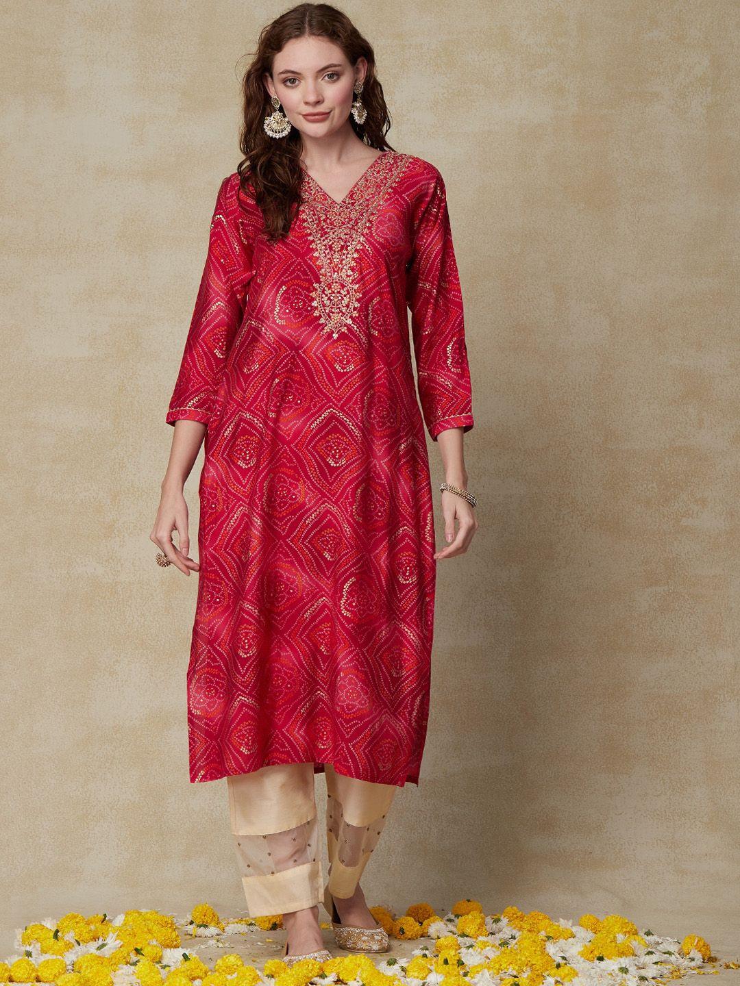 fashor bandhani printed v-neck thread work straight kurta