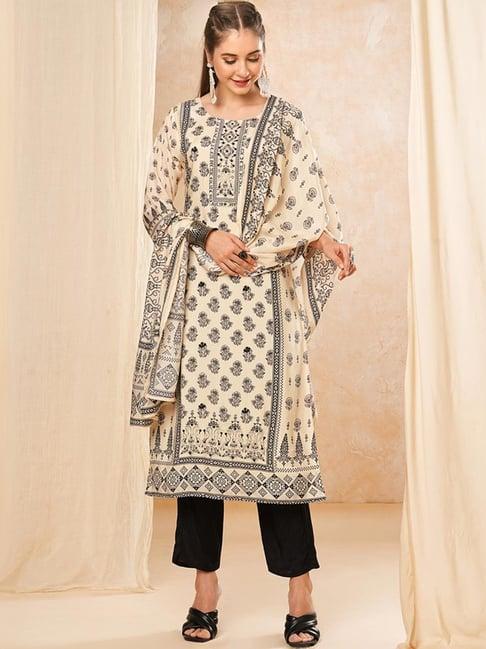 fashor beige & black printed kurta pant set with dupatta