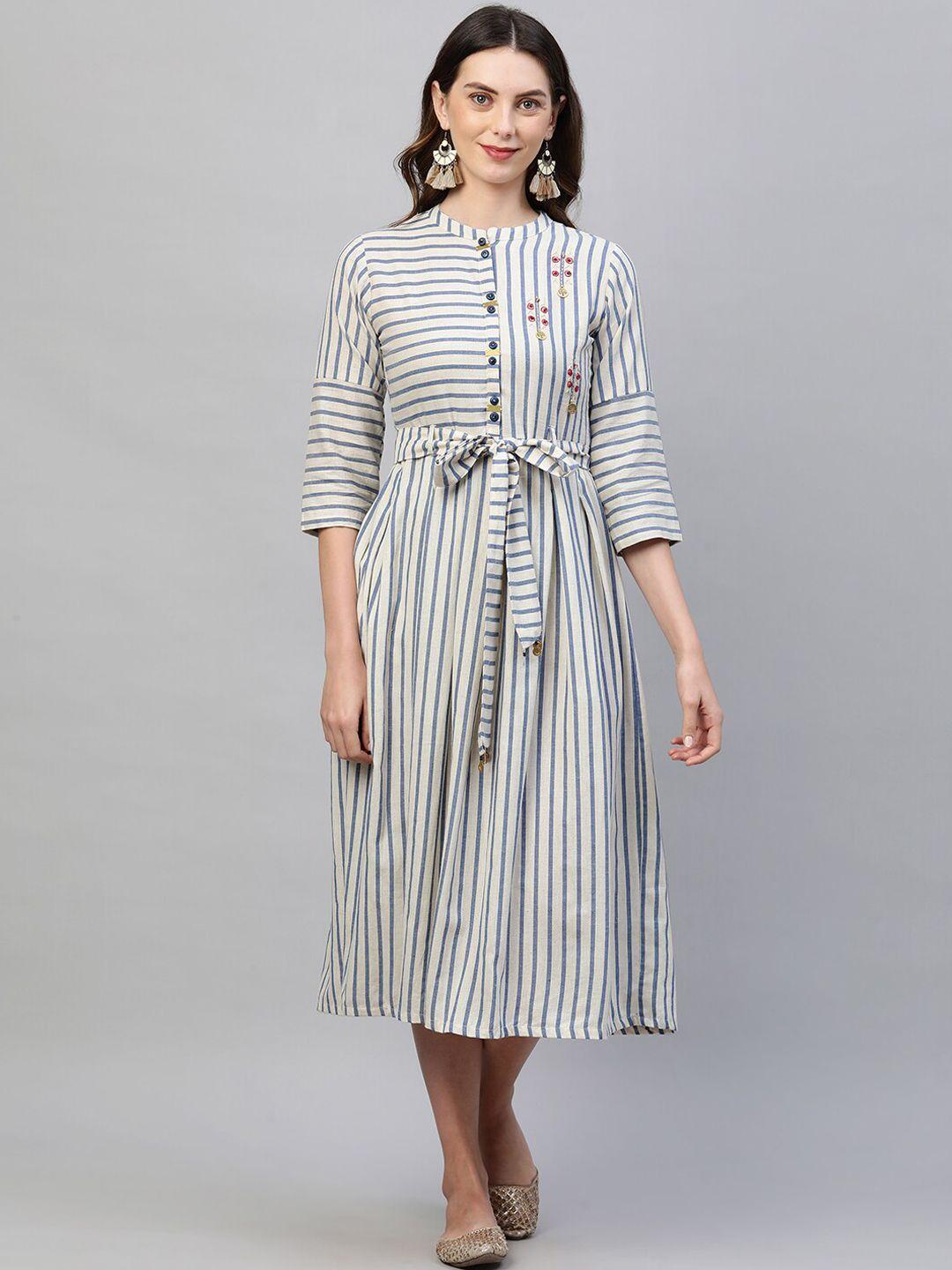 fashor beige & blue striped a-line midi dress with fabric belt