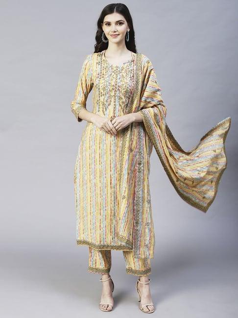 fashor beige & yellow embroidered kurta palazzo set with dupatta