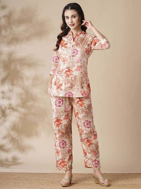 fashor beige cotton floral print kurti pant set