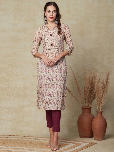 fashor beige cotton floral print straight kurta