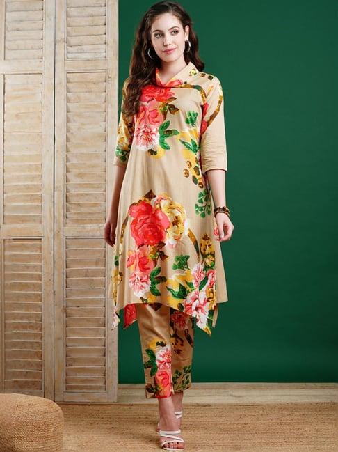 fashor beige cotton printed kurta pant set