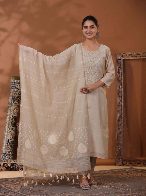 fashor beige embroidered kurta & pant set with dupatta