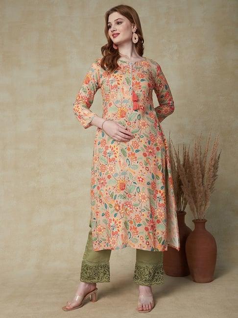 fashor beige embroidered straight kurta