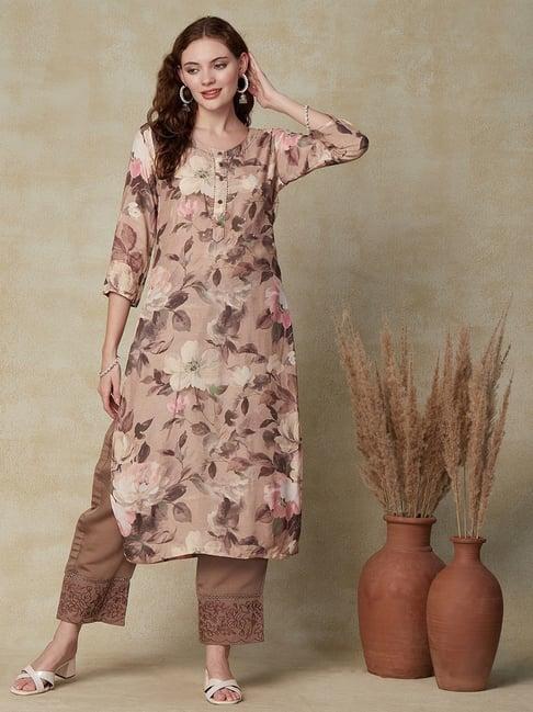 fashor beige embroidered straight kurta