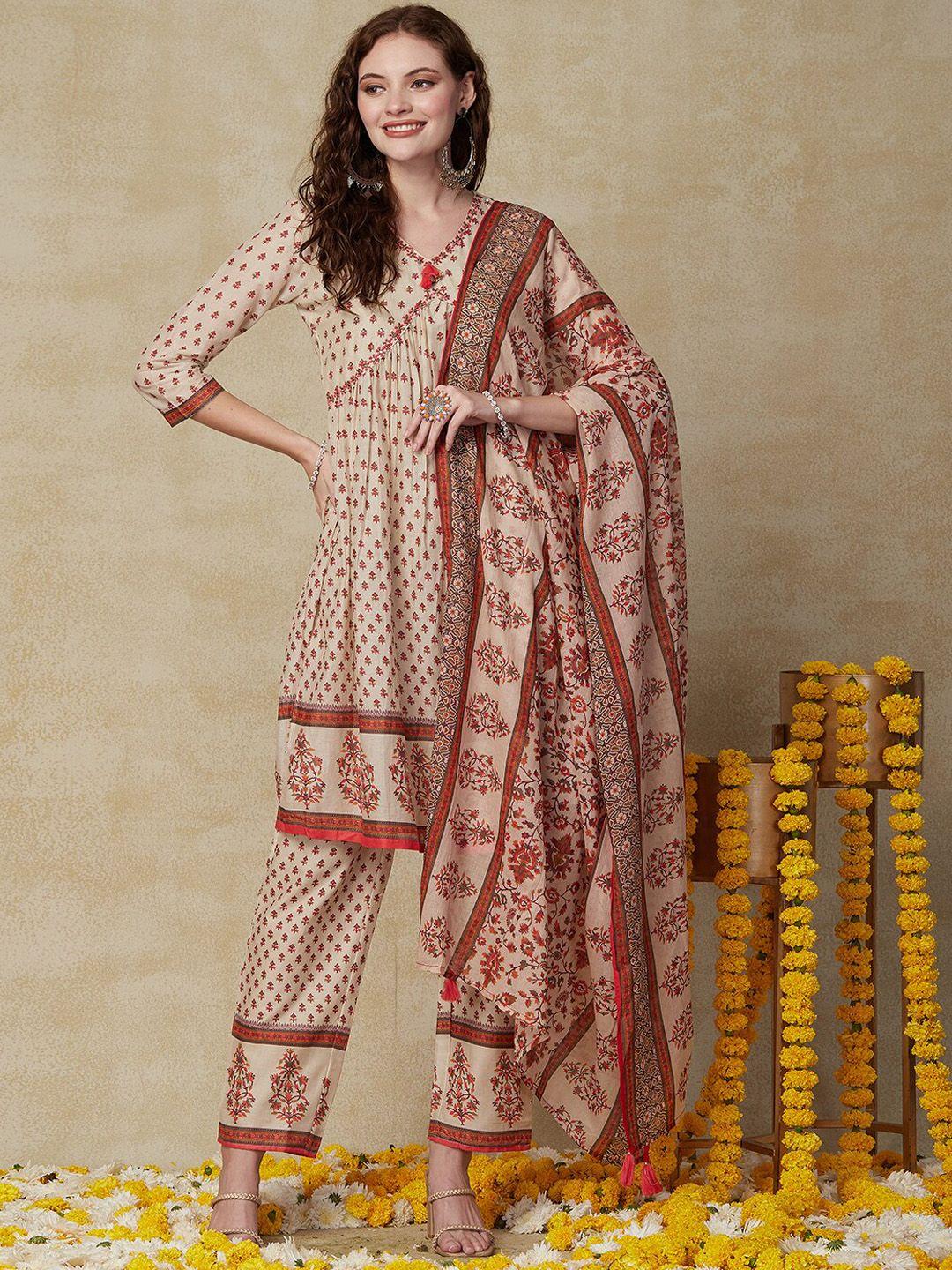 fashor beige ethnic motifs printed pleated pure cotton a-line kurta & trouser with dupatta