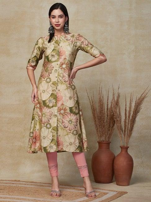 fashor beige floral print straight kurta