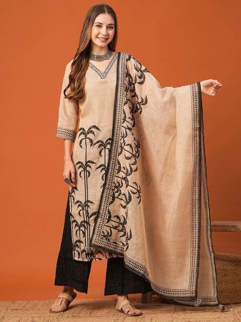 fashor beige printed straight kurta with dupatta