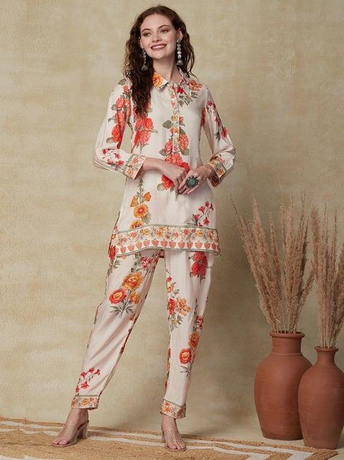 fashor beige printed tunic pant set