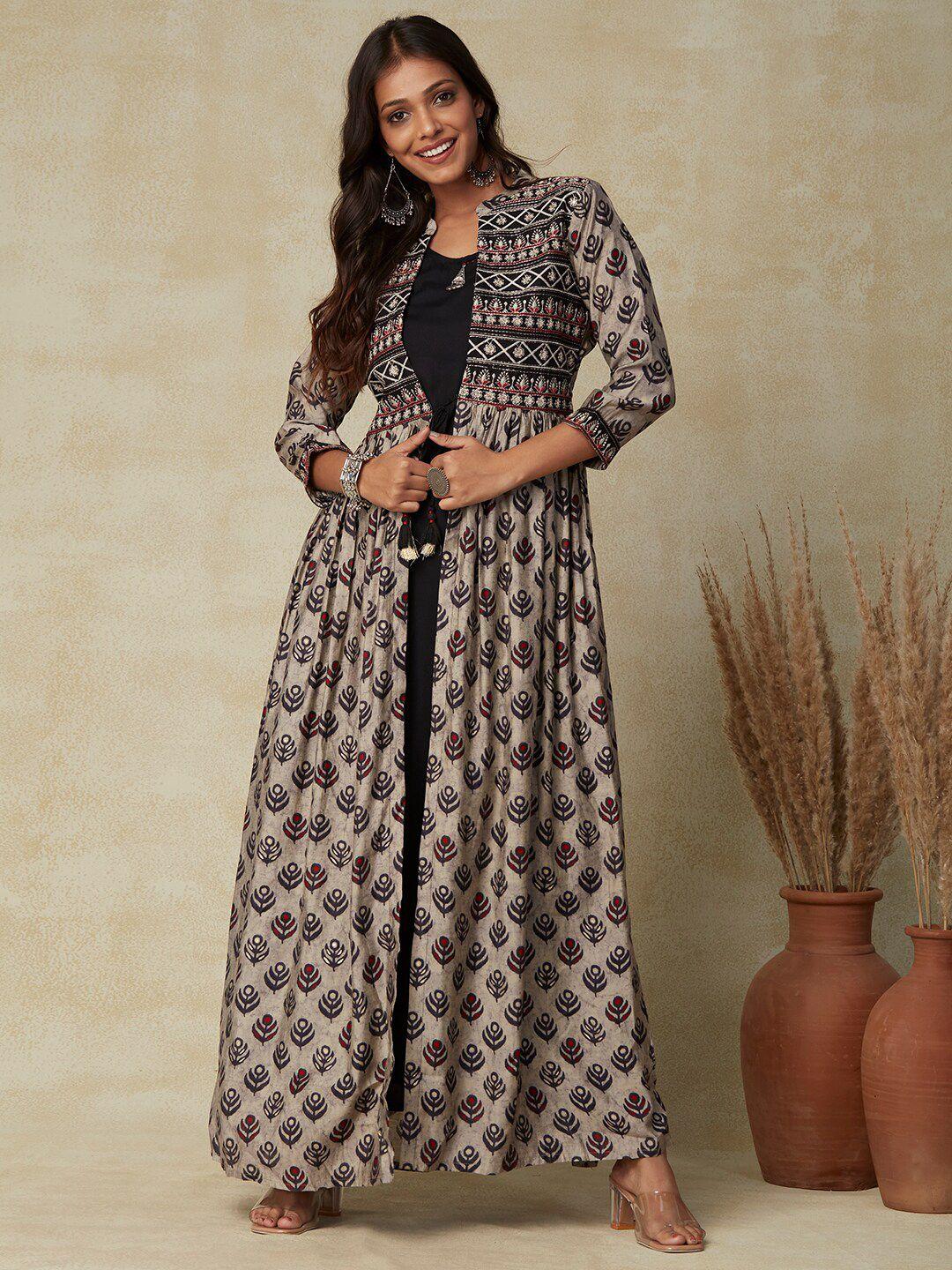 fashor black & beige ethnic motifs printed & embroidered maxi dress