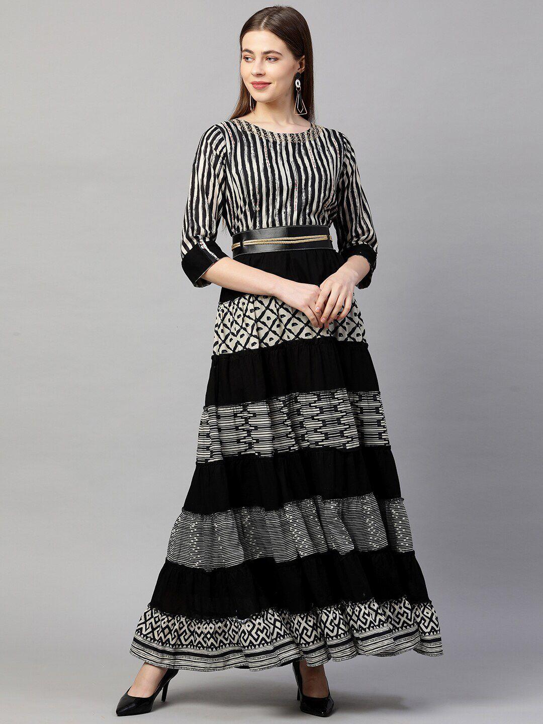 fashor black & beige striped tiered ethnic maxi dress with leather belt