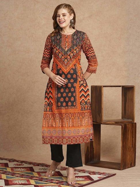 fashor black & orange cotton printed kurta & pant set