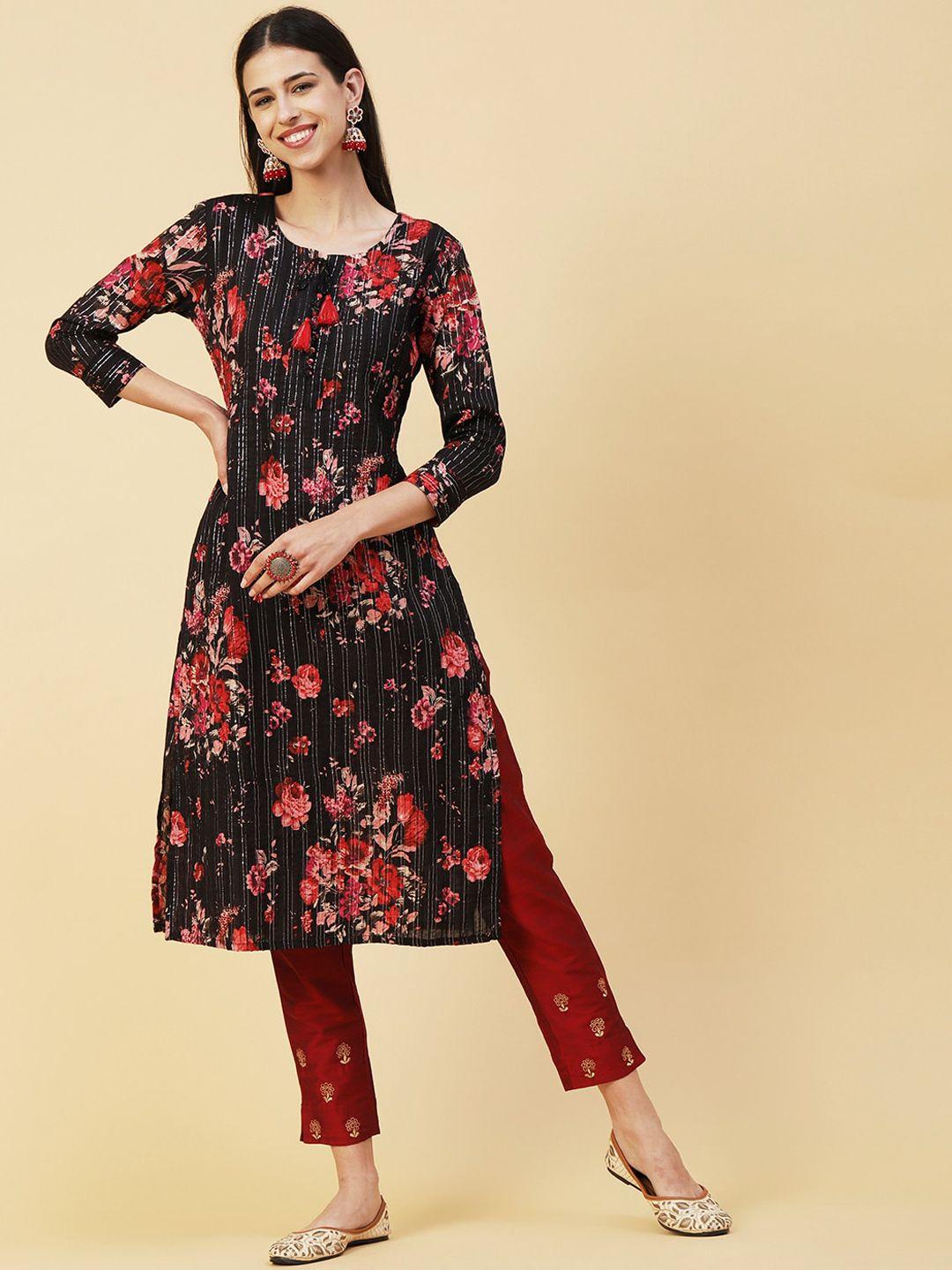 fashor black & red floral printed tie up neck zari pure cotton kurta