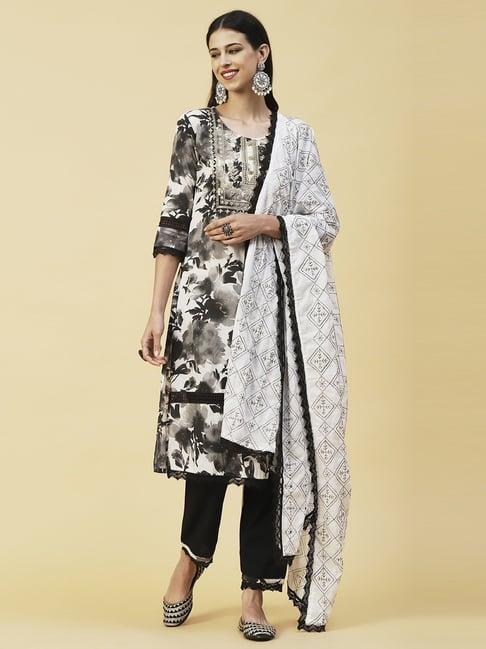 fashor black & white cotton embroidered kurta pant set with dupatta
