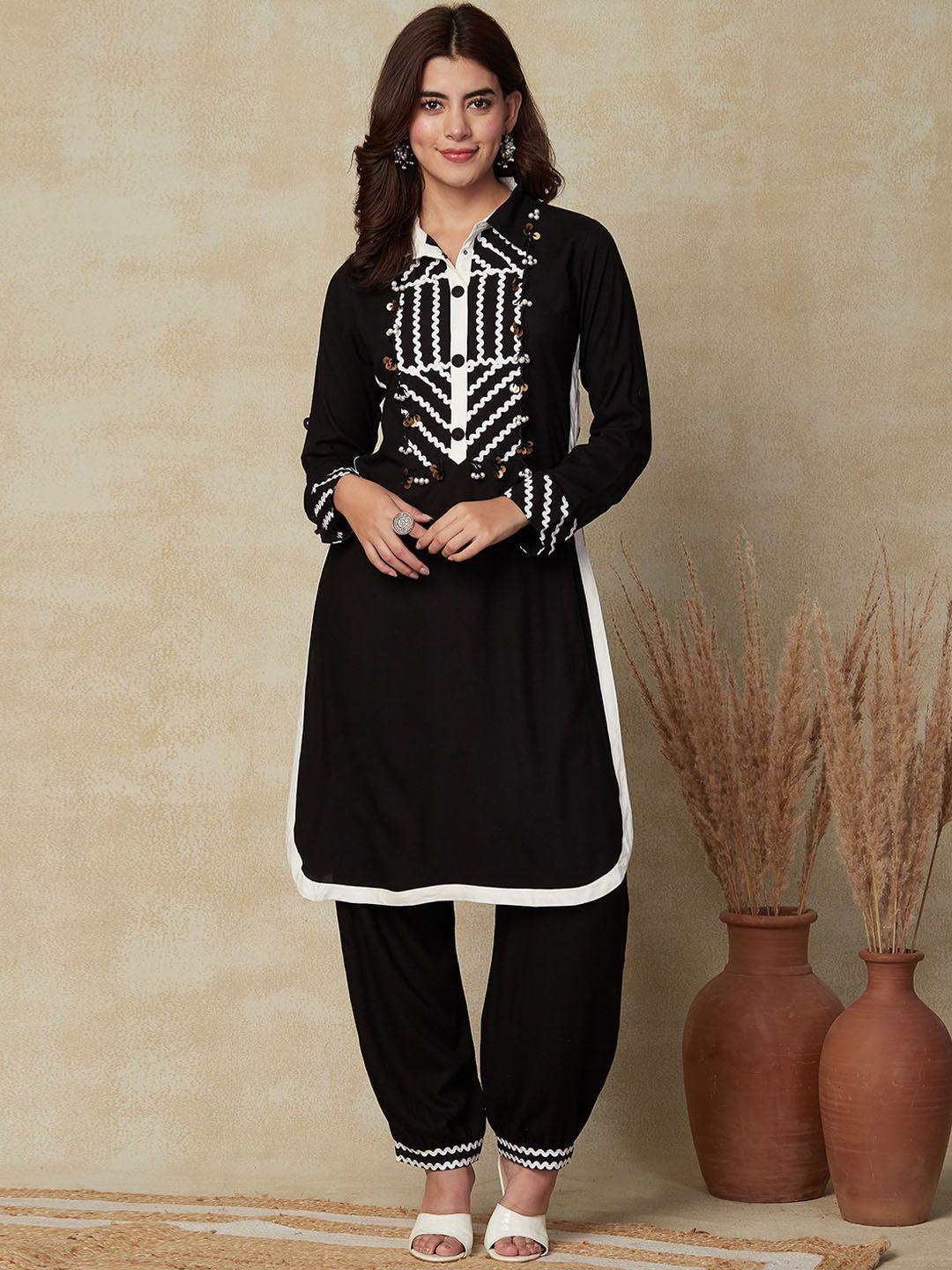 fashor black & white geometric embroidered regular beads and stones kurta with salwar