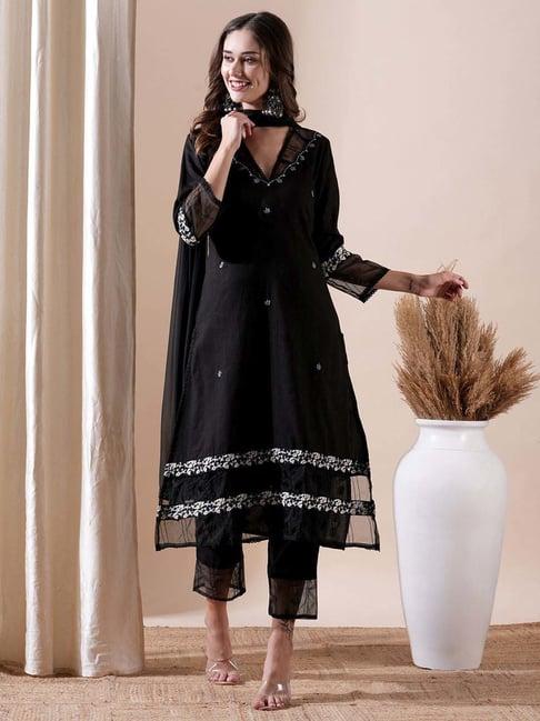 fashor black cotton embroidered kurta & pant set with dupatta