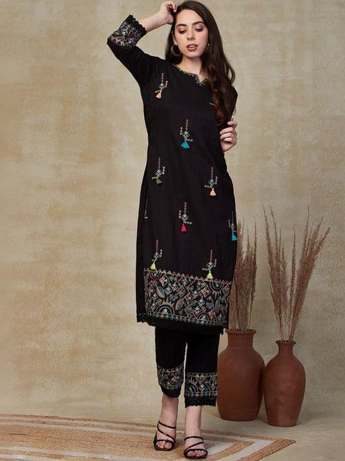 fashor black cotton embroidered kurta pant set