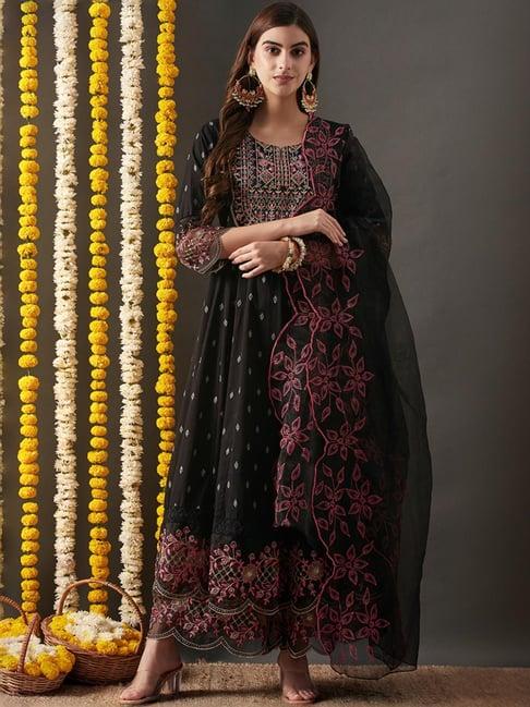 fashor black cotton embroidered kurta sharara set with dupatta