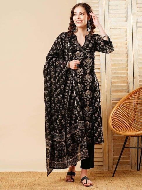 fashor black cotton floral print kurta & pant set with dupatta