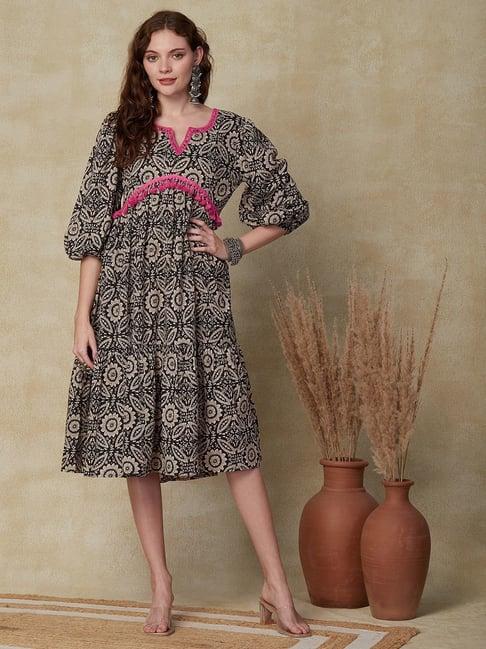 fashor black cotton printed a-line dress