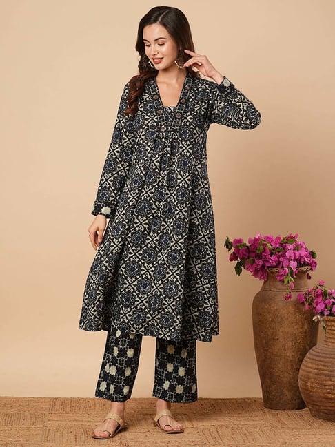 fashor black cotton printed kurta & palazzo set