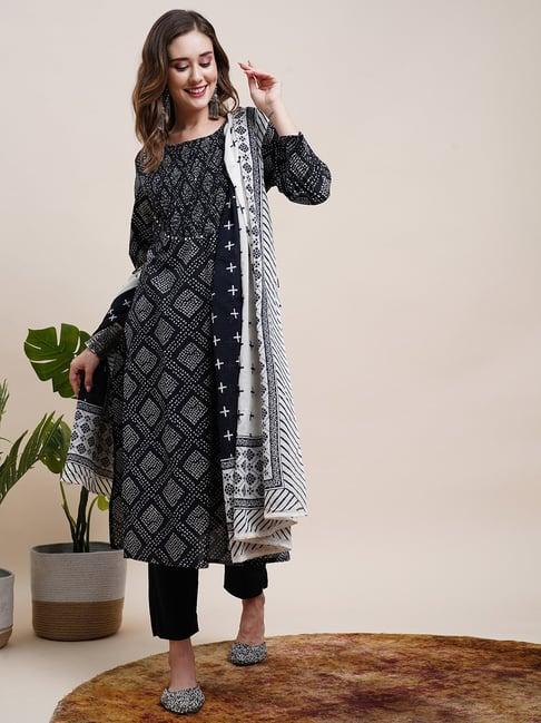 fashor black cotton printed kurta pant set with dupatta