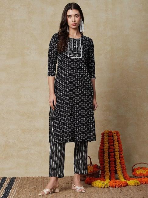 fashor black cotton printed kurta pant set