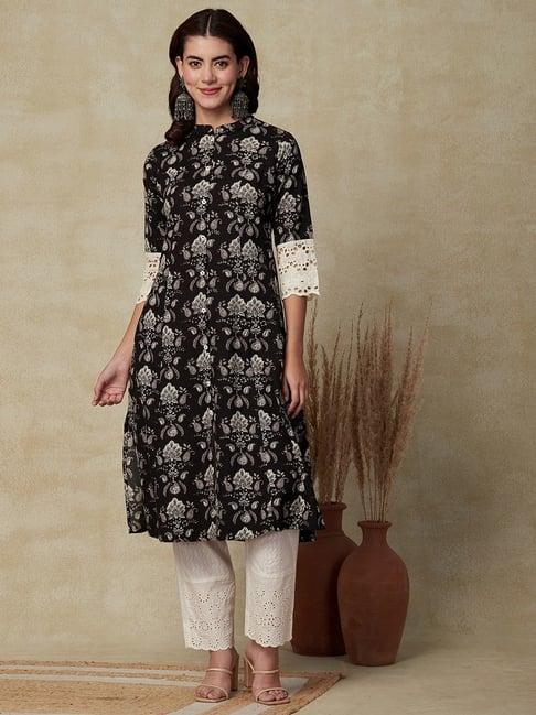 fashor black cotton printed straight kurta