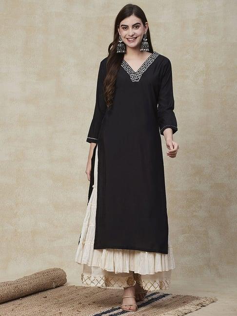 fashor black embellished straight kurta