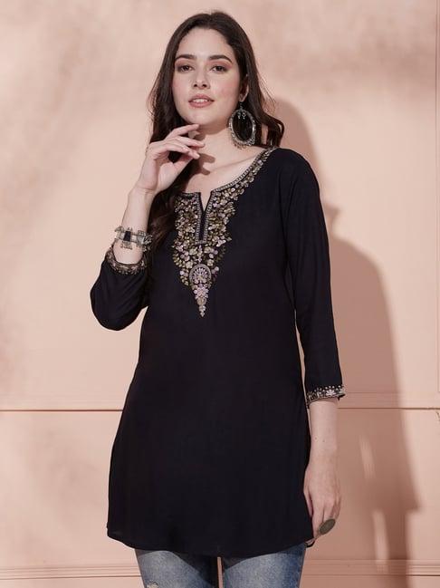 fashor black embroidered a line kurti