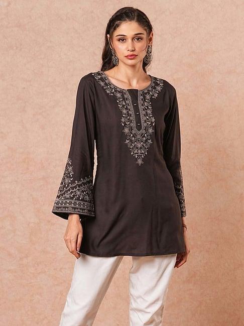 fashor black embroidered a line short kurti