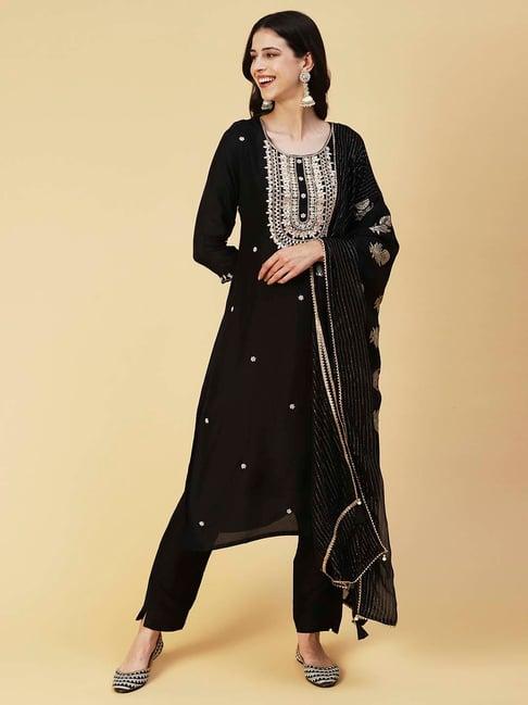 fashor black embroidered kurta pant set with dupatta