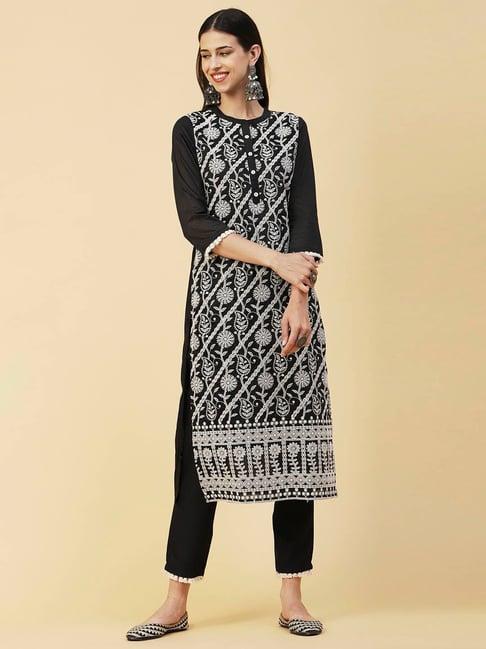 fashor black embroidered kurta pant set