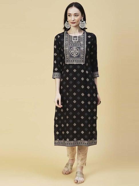 fashor black embroidered straight kurta