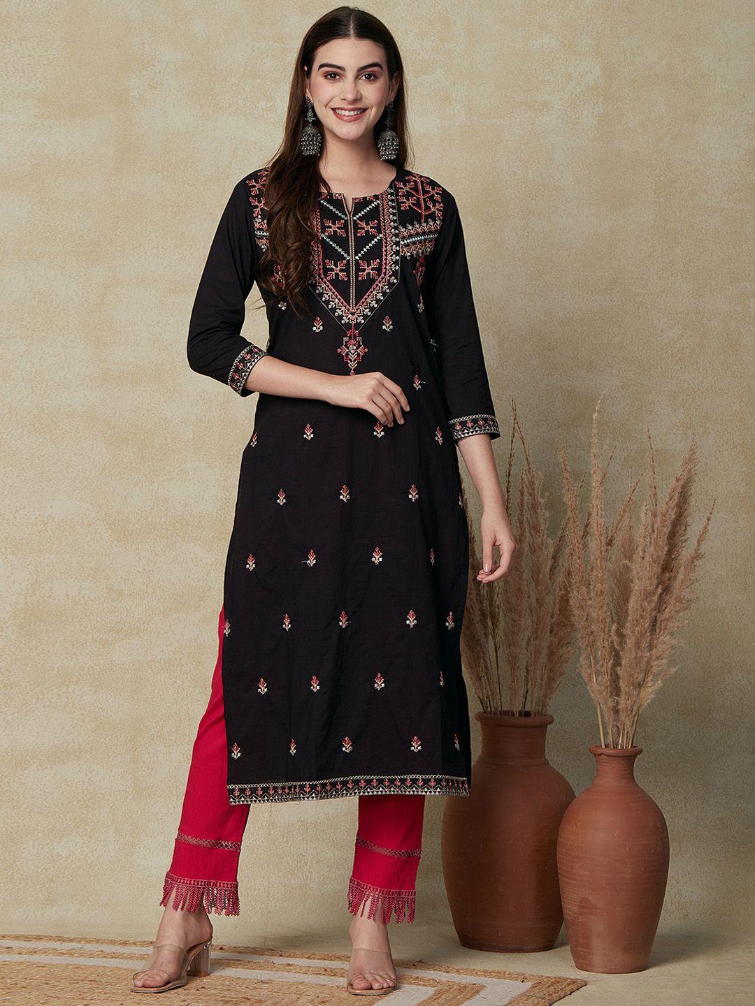 fashor black ethnic motif embroidered straight pure cotton kurta