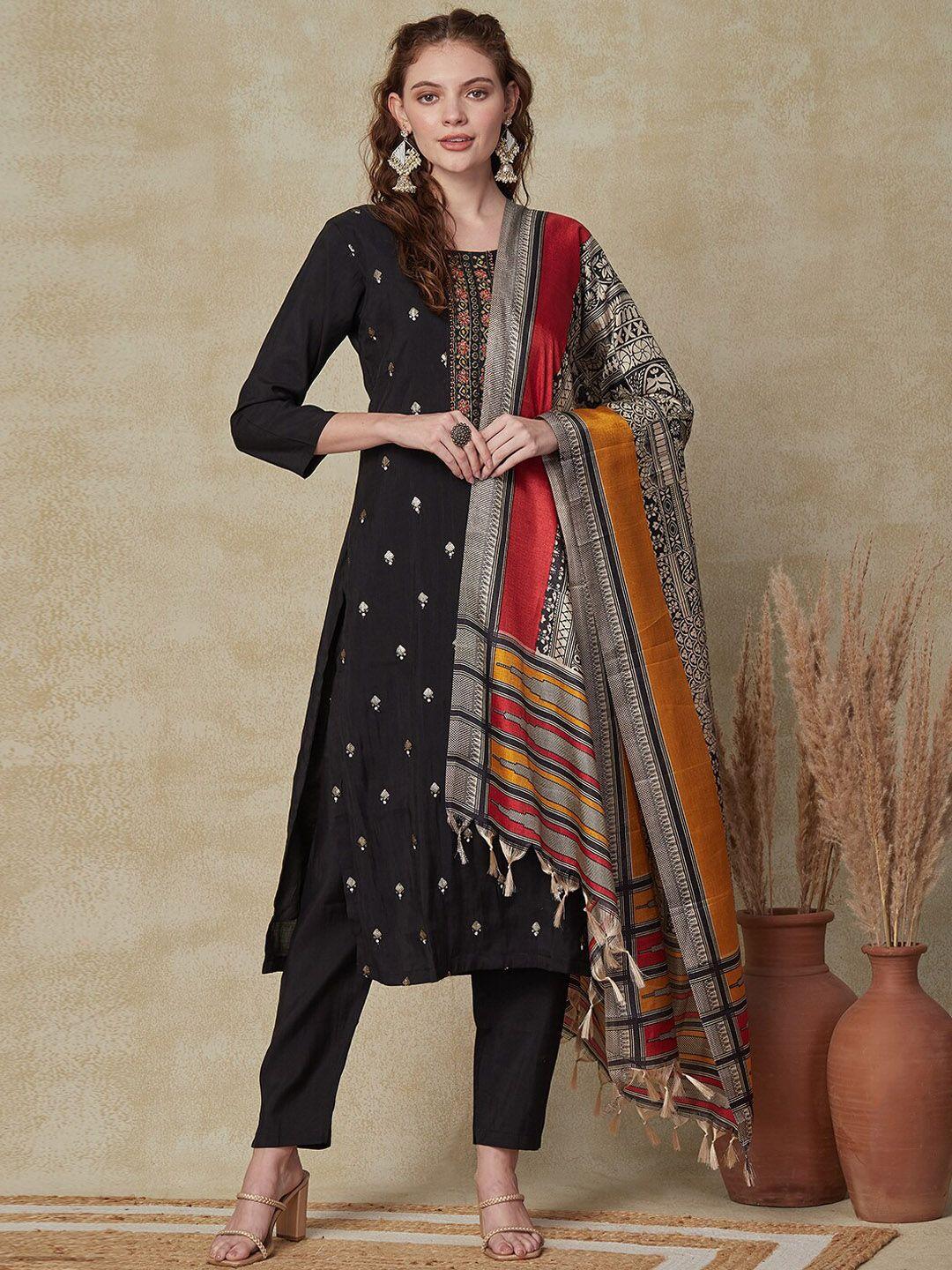 fashor black ethnic motifs embroidered thread work straight kurta & trousers with dupatta