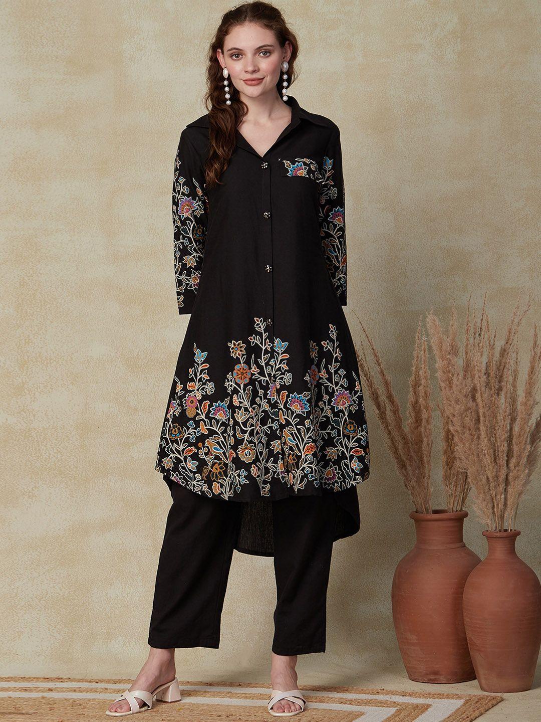 fashor black floral embroidered regular a-line kurta with trousers