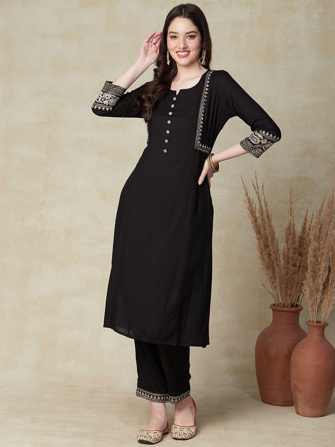 fashor black floral embroidered regular straight kurta with trousers