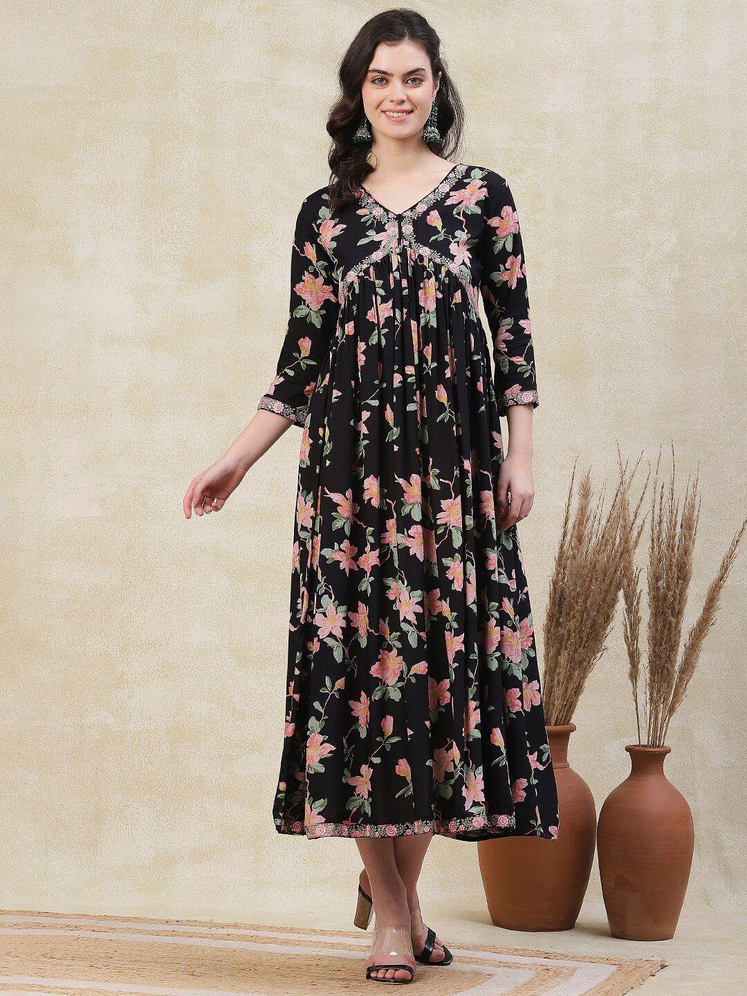 fashor black floral print a-line maxi dress