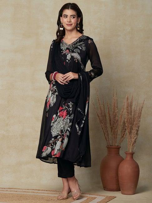 fashor black floral print kurta pant set with dupatta