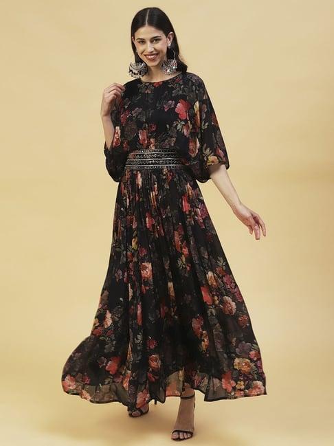 fashor black floral print maxi dress